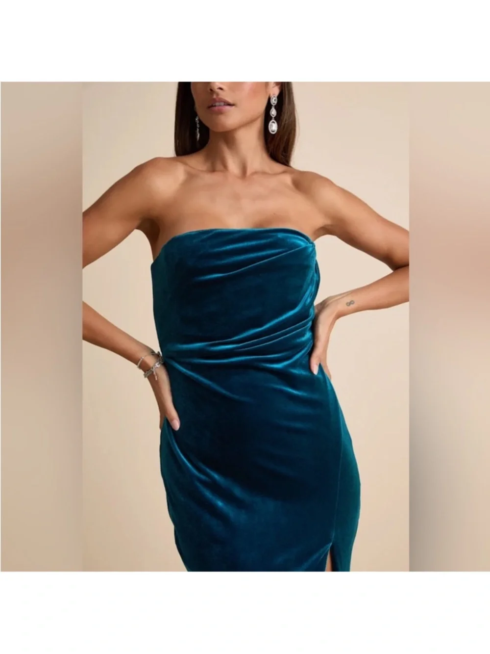 NWT - Lulus Women Perfectly Captivating Velvet Strapless Maxi Dress Dark Teal